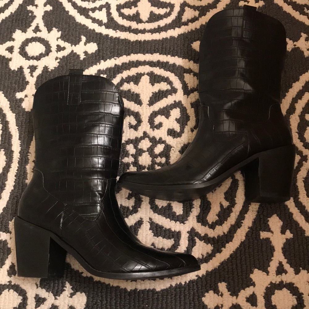 Faux black leather cowboy boots